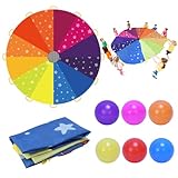 DKINY Regenbogen Schwungtuch Kinder 2.4m Bunt Fallschirm mit 12 Bällen und 12 Griffe Parachutes Spielzeug Fallschirmspiel Kooperative Bewegungsspiel Sportspiel Outdoor Gruppenspiel für Garten Schulen