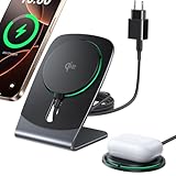 INIU Induktive iPhone Ladestation, 15W Qi2-Zertifiziertes Handy Magnetisch Kabelloses Ladegerät, Mag-Safe Wireless Charger Stand for iPhone 17 16 15 14 13 12 Pro Max AirPods (mit 20W USB C Adapter)