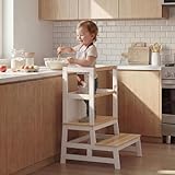 Spielwerk® Lernturm ab 2 Jahren Kinder mit Tafel Montessori 93cm Hoch Learning Tower 100kg Belastbar Trittschemel Kiefer Lernstuhl Küche Weiß Holz