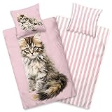 Aminata Kids Bettwäsche Katze Biber 135x200 Kinder Baumwolle Katzen-Tier-Motiv, Reißverschluss warm & kuschelig, Flanell-Winter-Bettwäsche-Set - Kater Katzenbettwäsche Tiermotiv Kätzchen rosa