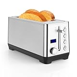 Pejevir Toaster 4 Scheiben, Toaster mit Krümelschublade, Bagel/Auftauen/Aufwärmen/Abbrechen Funktion, 1500W Edelstahl Langschlitztoaster, 6 Bräunungsstufen, Display mit Restzeitanzeige