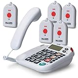 Maxcom KXT481SOS: Seniorentelefon mit Funk Notruf Sender und großen Tasten extra laut schnurgebundenes Festnetztelefon mit 5X Notrufknopf und Adapterstecker Hausnotruf für Senioren