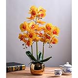 OwKay Künstliche Blumengeschenke Künstliche Seidenorchideenblumen, Eintopfen in Goldener Keramikvase, natürlich aussehende Kunstblume, Phalaenopsis-Blumen, Innen- und Außendekoration