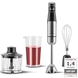 KLAMER Stabmixer Set 1000 Watt, 4 in 1 Pürierstab Edelstahl mit SmartSpeed per Finderdruck, inkl. 3-teiligem Zubehör-Set, Messbecher & Schneebesen
