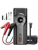 NASTIMA Starthilfe Powerbank mit Kompressor, Hohe Spitzenstrom Jump Starter PowerBank QC18W für 8L Benzin, 6L Diesel Motor, 4 in 1 Jump Starter mit Led-Taschenlampe,Smart Clip Cord,Aufbewahrungstasche