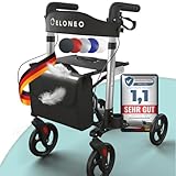 ELONEO Rollator faltbar und leicht mit Sitz, Leichtgewicht-Reiserollator aus Aluminium, Gehhilfe 8-fach höhenverstellbar, Laufhilfe 3-fach faltbar für Kofferraum, Tasche & Schirmhalter Silber