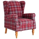 eslohnt Ohrensessel, Vintage Sessel mit Holzfüße, gepolsterte Relaxsessel, Einzelsessel für Wohnzimmer, Schlafzimmer, Leinen (Rot)