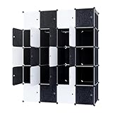 JNGLGO DIY Regalsystem Kleiderschrank aus Kunststoff, Set aus 20 Würfeln mit Türen Platzsparendes Steckregal Aufbewahrung 145x37x178cm Garderobenschrank Badezimmerregal Schuhregal, Schwarz und Weiß