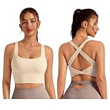IDOPIP Sport-BH Damen Starker Halt: Rückenfrei Crop Tops Twist zurück mit Halb-Feste Cups - Crossback Bustier für Fitness Yoga Lauf Gym Aprikose XS