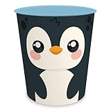 itenga Papierkorb für Kinder mit Tier Motiv - Pinguin - Kawaii Design - rund ca. 11 Liter - Mülleimer fürs Kinderzimmer - stabiler Kunststoff