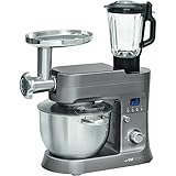 Clatronic Knetmaschine | Fleischwolf + Mixer + Knetmaschine | 1200 Watt | LCD-Display | 12 Geschwindigkeitsstufen | 6,2 Liter Edelstahlschüssel | Mixbehälter 1,5 Liter | Pastafunktion | KM 3674