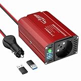 BGFOX 300W Spannungswandler DC 12V auf 230V AC Wechselrichter Modifizierte Sinus Stromumwandler mit 4.8A-Dual-USB-Anschluss, Laden Sie Ihr Laptop, iPhone, iPad, Tablet Und Mehr - Rot