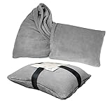 Delindo Lifestyle® 2in1 Kuscheldecke TRAVEL GRAU, 135x200 cm, flauschig weiches Reisekissen umwandelbar zur Reisedecke für Frauen, Männer und Kinder