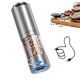 CIRCLE JOY Wiederaufladbarer Pfeffermühle Elektrischer Gewürzmühle aus Edelstahl mit 95ml Transparenter Behälter, Weißem LED-Licht und Extern Einstellbare Rauheit
