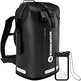 SCANDIC NATURE PIONEER 35L wasserdichter Rucksack schwarz mit Rolltop Verschluss - extra robust dank Boden mit 1000D PVC LKW-Plane, 3 Reflektor-Streifen Rollverschluss, wasserfeste IPX8 Handyhülle