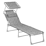 SONGMICS Sonnenliege, klappbarer Liegestuhl, 53 x 193 x 29 cm, bis 150 kg belastbar, Sonnenschutz, Kopfstütze, verstellbare Rückenlehne, Garten, Pool, Terrasse, grau meliert GCB19T