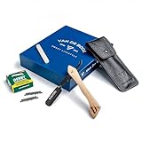 Van De Boos® Rasiermesser-Set mit Holzgriff, Alaunstift, Derby Wechselklingen & Leder-Etui - Barber Bartmesser mit extra scharfen Klingen - Barbier-Messer für präzise Bart-Nassrasur (Herren Rasierer)