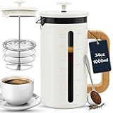 Home Hero French Press Kaffeebereiter – 963.9 g Kaffeepresse mit Bambusholzgriff, hitzebeständiges, dickes Borosilikatglas, französische Pressen, 4-lagiger Filter, French Press Edelstahl (hellcreme)