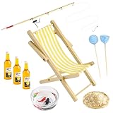 Miniatur Angelrute Set, 9 Stück Miniatur Wichtel Zubehör, Angelstuhl Fischernetz Strohhut Fischschale mit Fischer Angeln Cake Topper, Miniatur Puppenhaus Set, Garten Deko Accessoires (A)