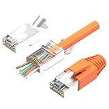 RJ45 Stecker Cat7 10er Set | Netzwerkstecker, Pass Through & Geschirmt | Inkl. Zugentlastung, Knickschutztülle Orange & Einführhilfe | Ideal für CAT 7, Cat6A Verlegekabel AWG23 | 8-Poliger Plug