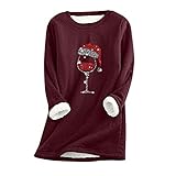 TURWXGSO Fleece-Sweatshirts für Damen, dicker Verbundplüschpullover, Verkaufsförderung, Weihnachten, Elch-Druck, Tops, langärmelig, Rundhalsausschnitt, Shirts für Weihnachten, UK-Größe, Wein 7, 44