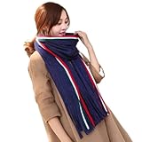 Schals Tücher Halstuch Scarf Modischer Und Warmer Roter, Weißer Und Blau Gestreifter Trendiger Damenquaste Langer Verdickter Gestrickter Warmer Schal Für Frauen Einheitsgröße Marineblau