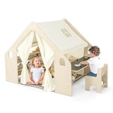 COSTWAY 6-IN-1 Kinderzelt Holz mit Kindertisch & Stuhl & Kinderregal, Kinderspielhaus mit Matte | Tafel | Aufbewahrungsboxen | Kreidebox, Spielzelt Spielhaus indoor für Kinder ab 2 Jahren(Mit 6 Boxen)