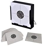 Zielscheibenhalter 14x14 cm mit Kugelfang aus Stahl – inklusive 50 Zielscheiben – schwarz – für Airsoft, Luftgewehre und Luftpistolen – Diabolos – zum Aufhängen oder Aufstellen