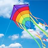 Drachen Flugdrachen Kinder - Regenbogen Drachen Kinder ab 3-64x75cm, mit 100m Drachenschnur und Streifenschwänze, Drachen & Flugspielzeug Geschenke für Kinder