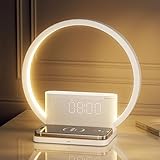 RETEYUNG Nachttischlampe mit 10W Kabelloser Ladefunktion,2 Wecker Tischlampe,Tageslichtwecker mit 10 Beruhigender Klang, Nachttischlampen Touch Dimmbar 3 Helligkeitsstufen (Art Deco)