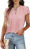 Teesho Damen Bluse Kurzarm Elegant Hemdbluse V-Ausschnitt Plissee vorne Arbeit Sommer Oberteile Shirts Tunika Hemd Tops (Rosa/M)