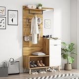 Ymkua Garderobenset Wandgarderobe, Flurgarderobe Set mit Schuhbank, Spiegel und Schuhschrank, Garderoben Set mit 4 Kleiderhaken und Türen, Kompaktgarderobe mit Regal, Schublade, 104L x 39B x 190H cm