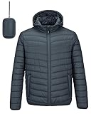 Outdoor Ventures Herren Steppjacke Wasserdichte Pufferjacke Verstaubare Leichte Wasserdichte Kapuzenjacke Winterjacke mit Taschen Klassisch Dunkelgrau L