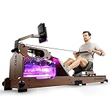 Sportstech Premium Wasser-Rudergerät mit LED-Wassertank, klappbar, App mit Workout Kursen+ Tablethalterung, Natur-Massivholz Rudermaschine Rower für zuhause WRX1000