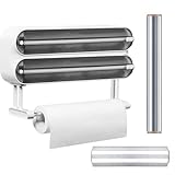 Wandrollenhalter Küche 3-Fach Folienschneider Magnetischer Alufolienabroller mit Verbessert Folienspender Frischhaltefolie Schneider mit Frischhaltefolie und Alufolie