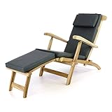 Divero eleganter Deckchair Florentine Liegestuhl Steamer Chair Teakholz unbehandelt inkl. Liegenauflage mit Kopfteil anthrazit wasserabweisend