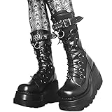 Minetom Stiefel Damen Winter Gothic Punk Plateau Stiefel Goth Schnalle Zipper Wedges Mid Schuhe Plattform Biker Boots Chunky Motorrad Stiefel A Schwarz 39 EU