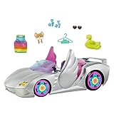 Barbie Extra Auto, Silber Glitter Cabrio, bewegliche Räder, Barbie Kleidung und Barbie Accessoires, Tierspielzeug, Barbie Puppen nicht enthalten, Geschenk für Kinder, Spielzeug ab 3 Jahre,HDJ47