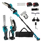 6-in-1 Akku-Heckenschere Astsäge Mini-Kettensäge Grasschere mit Verlängerungsstange, 2 x 4000-mAh-Akkus, max. Reichweite 4,3 m, für Gartenpflege und Holzfällarbeiten