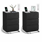 VASAGLE Kailyn Kollektion - Nachttisch mit Steckdosenleiste, 2er Set, Beistelltisch, 3 Schubladen, 2 AC-Steckdosen, 2 USB-A-Anschlüsse, modern, ebenholzschwarz LET831B56