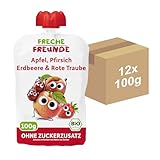 FRECHE FREUNDE Bio Quetschie, Apfel, Pfirsich, Erdbeere und rote Traube, Fruchtmus im Quetschbeutel, Obst-Püree für Kinder und Babys ab 6 Monaten, vegan, glutenfrei, 2x 6er Pack (12 x 100g)