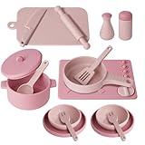 HOTUT Kindergeschirr Spielküche,16 Stück Kinderküche Kindergeschirr Set,Silikon Küchenzubehör Kinder,Topfset für Rollenspiele für Mädchen und Jungen