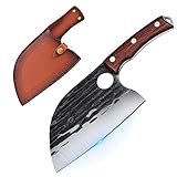 SMITH CHU Hackmesser Serbisches Metzgermesser Handgeschmiedetes Kochmesser Küchenmesser Fleischerbeil Fleisch Gemüse scharfes Ausbeinmesser mit Lederschiede Full Tang Outdoor für BBQ Camping