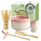 JBER Matcha Besen Set, Matcha Set 7-Teiliges - Bambus Matcha Whisk, Matcha Schale mit Auslauf, Besen Halter, Sieb, Löffel und Halter, Japanisches Matcha Kit für Matcha-Liebhaber, Farbverlauf Rosa