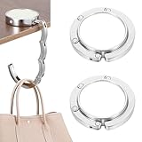2 Stück Faltbare Antirutsch Handtaschenhalter, Taschenhalter für Handtaschen, Tisch Handtaschenhalter Haken, Haken Aufhänger bis 15 Kg, Silber Metall Taschenaufhänger Taschenhaken Halterung