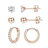 Josfeva Creolen Damen Ohrstecker Ohrringe, 925 Sterling Silber, 3 Paar Rose Gold Schlafen Ohrringe Set, 5mm Ohrstecker & 14mm Creolen