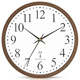 Funk Wanduhr, Funkuhr Wand Lautlos Wohnzimmeruhr Funkwanduhr Geräuschlos 25cm küchenuhren Modern Wanduhren Deko für Küche Wohnzimmer Büro(Braun)