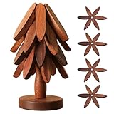 Untersetzer Holz, Topfuntersetzer Set in Walnuss, 4 Stück mit Ständer, Baum Design, für Tisch und Küche, Schutz vor Hitze und Kratzern