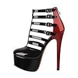 Only maker Women's Plattform Pumps Stilettos T Straps Buckles Skyhigh Heels Cut Out Boots Pole Dance Shoes Red Black EU 39