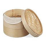 Relaxdays Bambus Dampfgarer, asiatischer Dämpfkorb mit 2 Etagen, für Dim Sum, Reis, Dampfgarer Einsatz, Ø 20,5 cm, natur